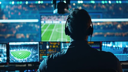 Sports production technician monitoring live soccer game broadcast - Powered by Adobe
