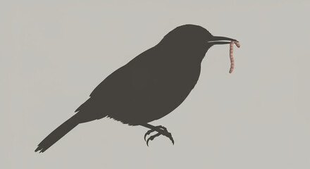グレー背景に浮かぶ鳥とミミズの精密な横顔シルエットイラスト