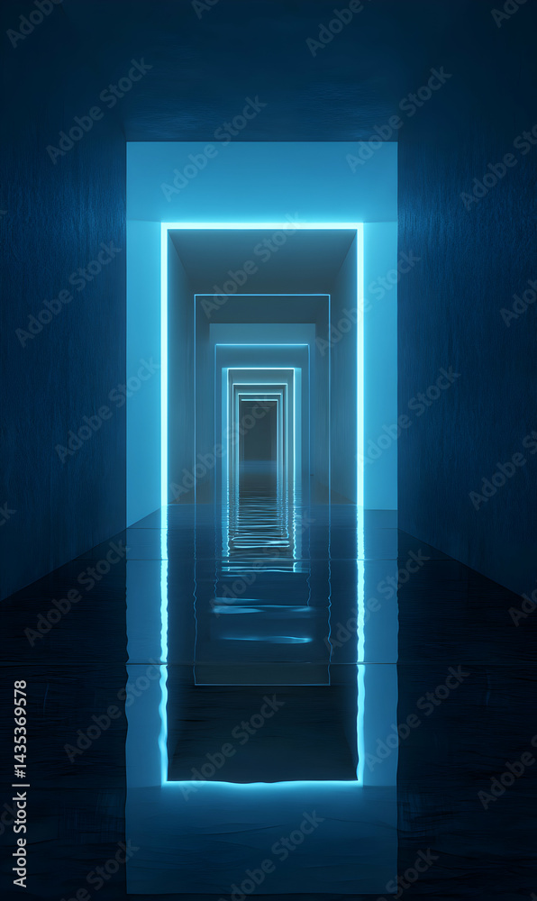 Poster illuminated corridor with recursive architecture and smooth surface creating a visual depth effect
