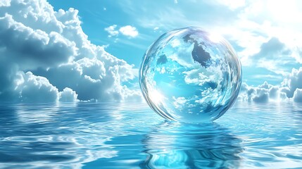 Reflective Water Globe with Sky Cloudscape. Bright, Serene, Summer Backdrop