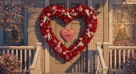 Heart Shaped Floral Wreath on Doorway with Cupid Figures and Sunlight