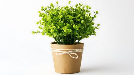 Small Potted Green Bush Plant with Natural Rope Bow on White Background