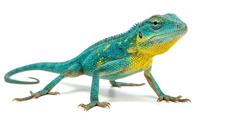 Fototapeta premium Lizard Walking with Blue and Yellow Scales on White Background