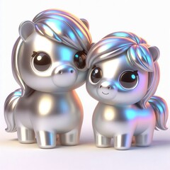 Animated character 3D image of two Shetland breed ponies, metallic holographic style cute design, white background, new year theme