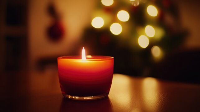 A softly glowing candle illuminated against a dark background with lights