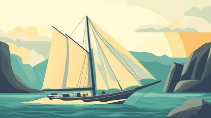 Sailboat sunset coastal voyage.