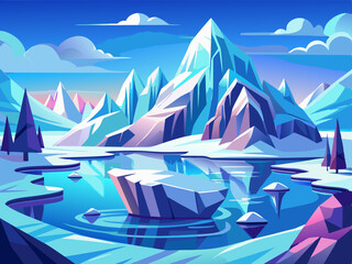 A cool-toned vector of an arctic scenery with clean lines, placed on a solid pale blue background