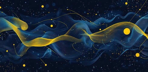 futuristic technology background with yellow lines, circuit board elements, sound waves on dark blue background. future tech concept. digital tech innovation and a data connection system for web desig