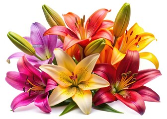 Obraz premium Colorful Lily Flowers, Isolated White Background, Candid Photography, Blooming Lilies, Vibrant Lily Images, High Resolution