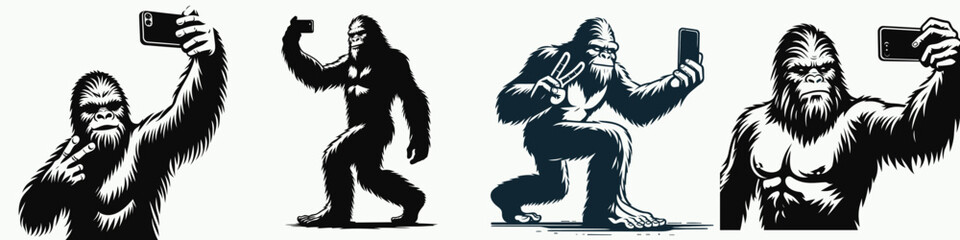 Obraz premium Bigfoot Taking a selfie. Sasquatch cartoon clipart. Cryptid self-portrait elusive hairy hominid snaps photo of visage.
