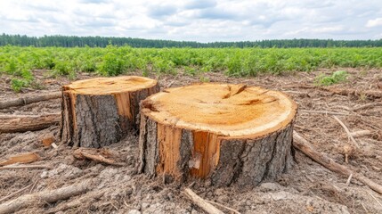 Stumps in Deforestation: A poignant image showcasing two freshly cut tree stumps stand as silent witnesses to the environmental impact of deforestation against a backdrop of replanted saplings.
