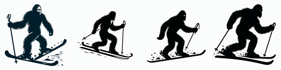 Bigfoot ski on snow. Sasquatch cartoon clipart. alpine slide over ground ice legendary primate extreme winter sport.