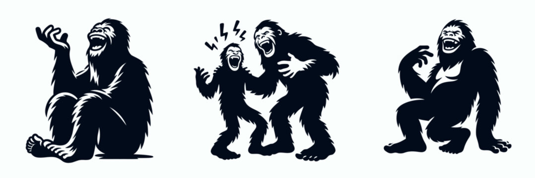 Bigfoot Laughing Together. Sasquatch cartoon clipart. chuckle camaraderie woodland creature glee jovial cryptid enjoyment.