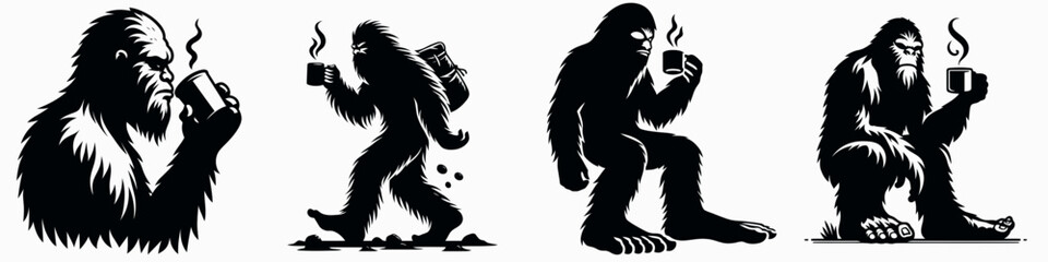 Bigfoot Drinking coffee. Sasquatch cartoon clipart. Elusive hominid enjoys morning brew slurping down caffeinated beverage.