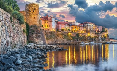 Fototapeta premium A coastal town with stone walls, colorful buildings, and a rocky shoreline at sunset