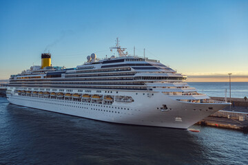 Mega family cruiseship cruise ship liner Favolosa docked at terminal in Barcelona, Spain during...