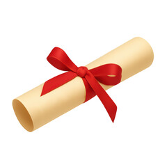 Rolled diploma tied with red ribbon on transparent background