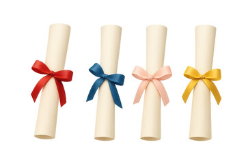 Four rolled diplomas with colorful ribbons on transparent background