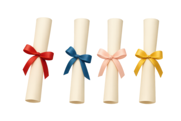 Four rolled diplomas with colorful ribbons on transparent background