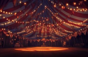 Circus interior with round performance space, lights, and festive red curtains ready for a show 