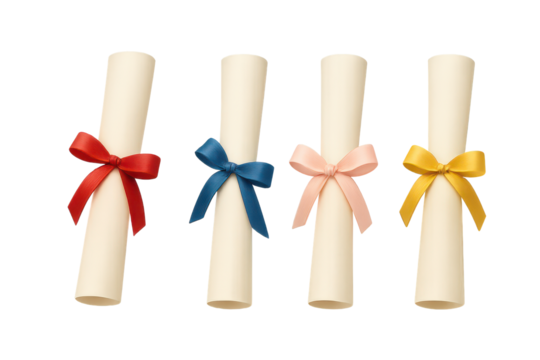 Four rolled diplomas with colorful ribbons on transparent background