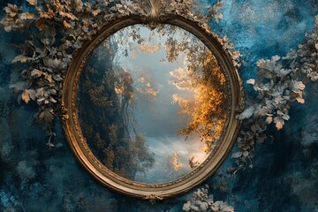 Fototapeta premium Unique view through tree bark showcasing a quiet lake reflecting autumn foliage and dramatic clouds at sunset