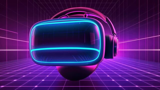 Futuristic vr headset against a neon grid background