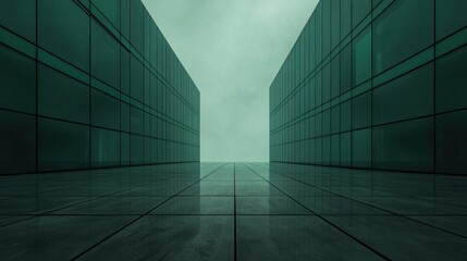 A long hallway with a green tinted glass wall on either side.