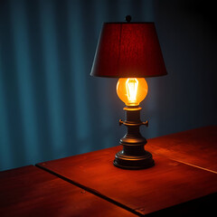 Vintage table lamp glowing softly on a wooden surface, creating a warm and intimate atmosphere in a dark room.