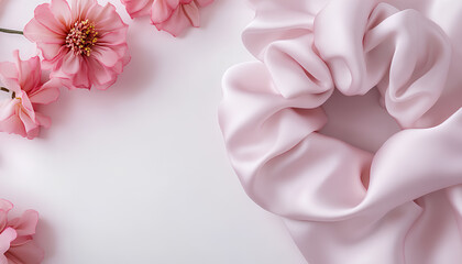 Obraz premium Hair scrunchie as hair tie in beautiful pastel pink color made out of satin fabric with white background, so elegant and fashionable. A great hair tie accessory for girls and women