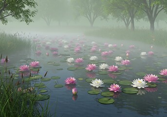 Misty Dawn, Water Lily Stream AI Generated