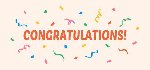 Congratulations text, banner. The inscription congratulations with multi-colored confetti of multicolored lines, ribbons, squiggles on a light background, flat style