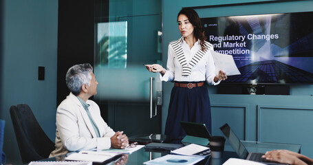 Business woman, meeting or presentation with screen for project discussion, market research or changes. Female person, speaker or employee with technology display for proposal on competitive analysis