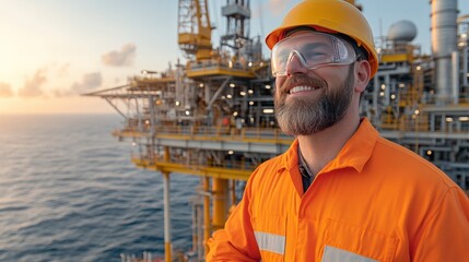 Ocean's Architect: A diligent worker at an offshore platform, his determined gaze reflecting the expansive ocean, symbolizing industry, safety and unwavering dedication.