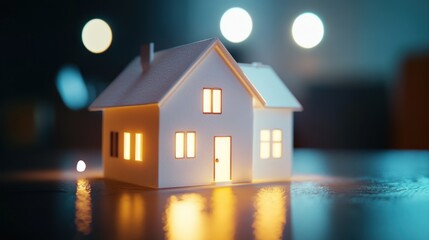 Illuminated Model House Reflecting Warm Light During Evening Time