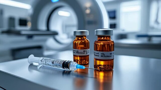 In a high-tech clinic, medical vials and a syringe are prepared on a sleek surface, showcasing the importance of accurate medication delivery in patient care and treatment procedures.