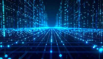 A dense grid of glowing dots and lines forming an intricate digital matrix in deep blue and neon cyan.