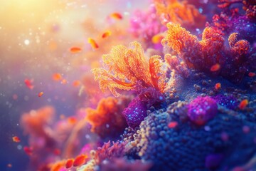 Obraz premium Vibrant coral reef teeming with life, bathed in sunlight, showcasing diverse colors and textures.