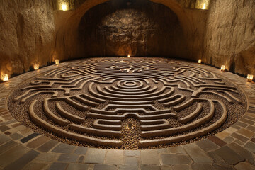 Intricate stone labyrinth nestled among greenery invites exploration and curiosity on a sunny day