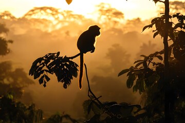 Silhouette of a monkey perched on a branch against a golden sunset landscape background scene