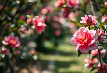 Photo Camellias in a shaded grove.