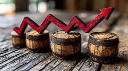Red arrow rising over aging barrels on aged wood