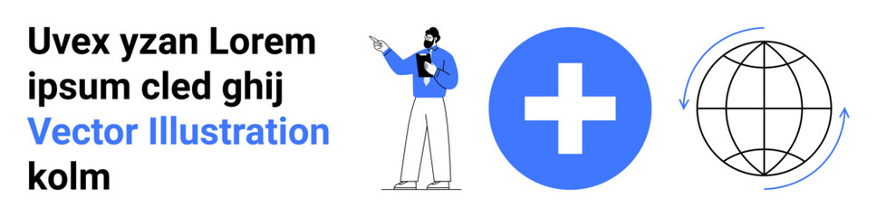 Person holding clipboard, bold plus sign, globe with arrows symbolizing collaboration, growth, and global impact. Ideal for healthcare, teamwork, education, technology sustainability strategy