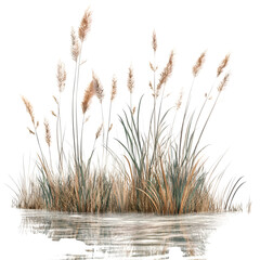 Fototapeta premium A serene view of tall grasses and reeds reflected in calm water against a dark background space