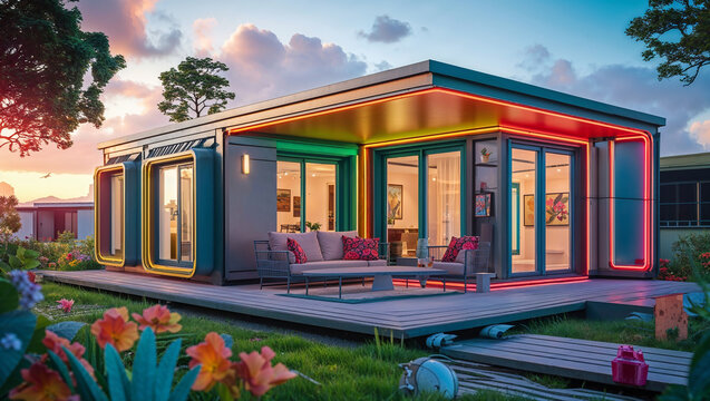 Modern prefabricated modular home shining at sunset with colorful neon lights - Powered by Adobe