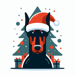 Doberman Pinscher Santa hat Christmas tree silhouette anticipates holiday treats with festive cheer.