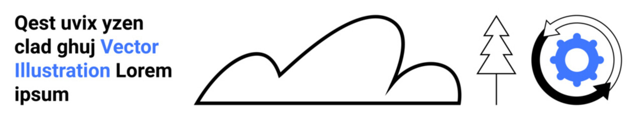 Simple cloud outline, triangular tree, and circular gear with arrows forming a cycle. Ideal for sustainability, nature, technology, minimalism, eco-design, innovation simple landing page