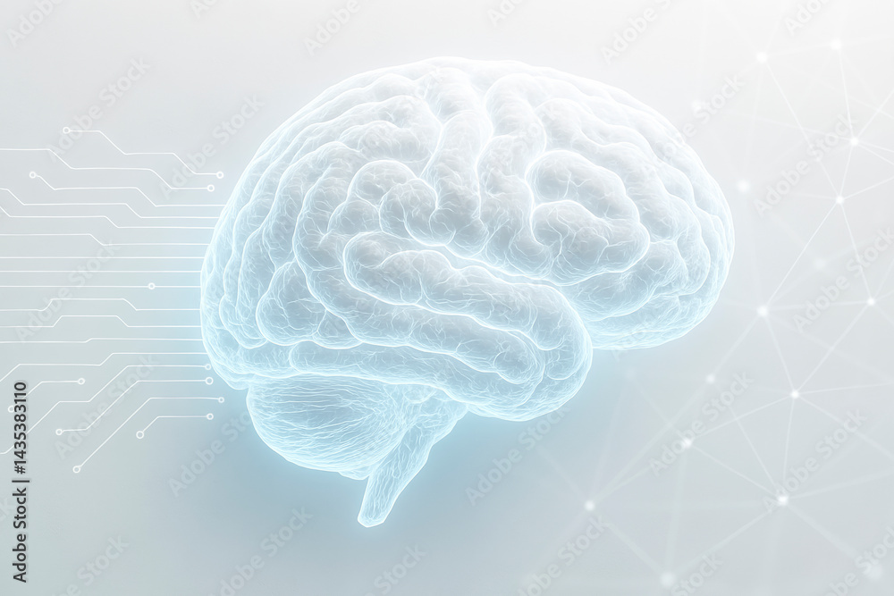 Poster Futuristic glowing brain design illustrating artificial intelligence and modern science concepts on a light gradient background. Ai generative.