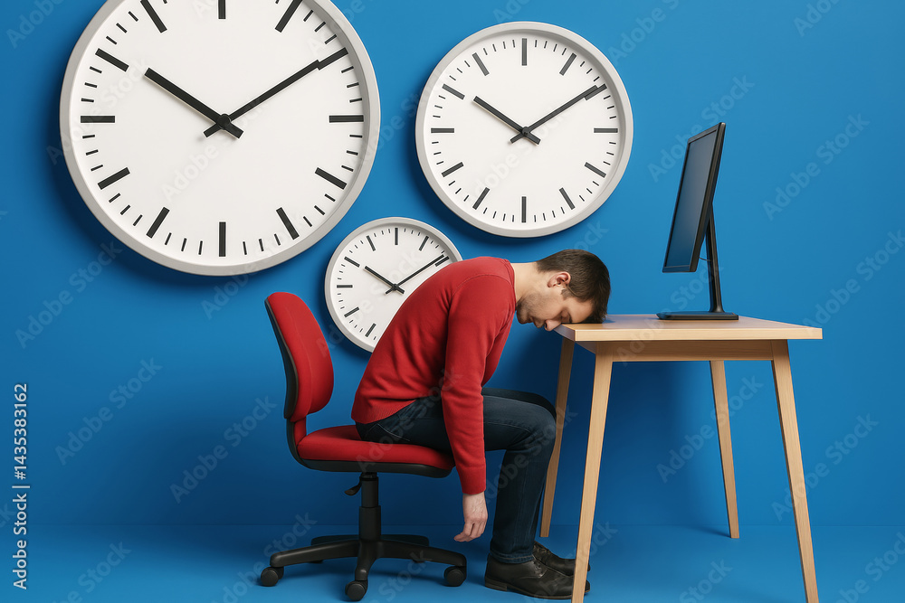 Aufkleber Tired businessman slumped at desk with clocks on blue background symbolizing stress and overwork in office environment. Ai generative.
