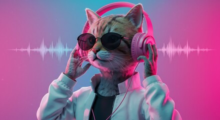 Groove Cat Neon Beats Synthwave Kitty Cool Cat Vibes Digital Feline Pink Headphones Cyber Cat Electric Meow Midnight Rhythm AI Generated
